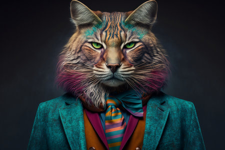Portrait of a tiger in a suit and tie on a dark background.の素材