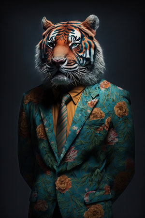 Portrait of a tiger in a suit and tie on a dark background.の素材