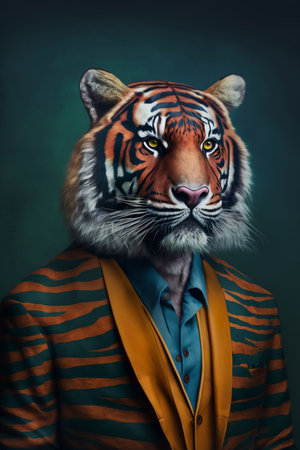Portrait of a tiger in a shirt and tie on a dark background.の素材