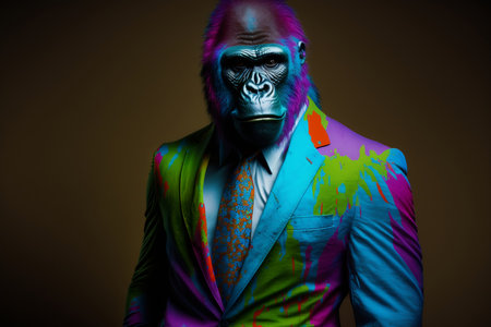 Fashion portrait of an african american man in a colorful suit on a dark background.の素材
