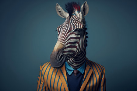 Funny portrait of a man in a zebra mask on a blue backgroundの素材