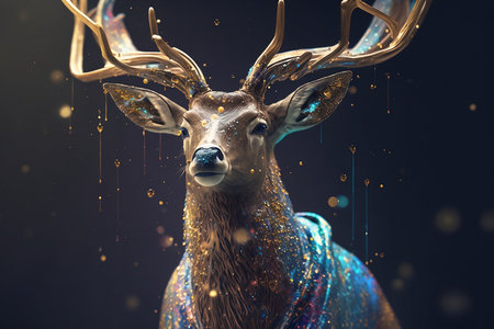 Fantasy deer with golden horns on black background. 3d renderingの素材
