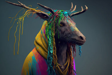 Fantasy portrait of a deer with multicolored hair on a gray backgroundの素材