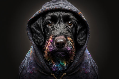 Portrait of a black dachshund dog in a hood on a dark backgroundの素材