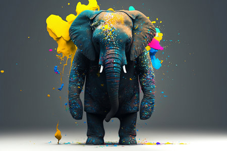 Elephant with colorful paint splashes on grey background. 3D renderingの素材