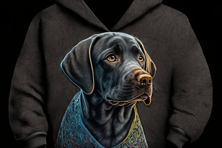 Labrador Retriever in a hoodie on a black backgroundの素材