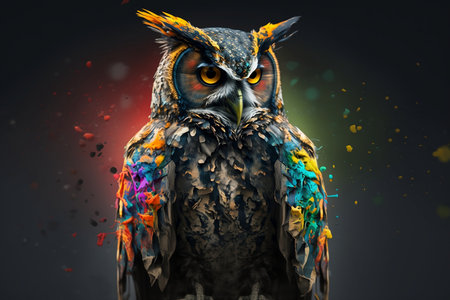 Beautiful owl with colorful paint splashes on a black background.の素材