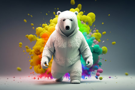 Funny white bear with colorful paint splashes. 3D renderingの素材