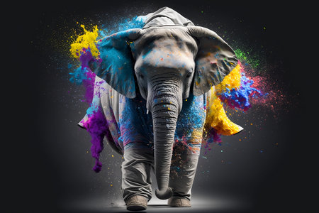 Elephant with colorful paint splashes on his body against dark backgroundの素材