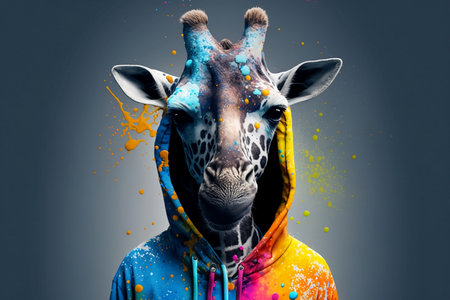 Portrait of a giraffe in a raincoat with colorful splashesの素材