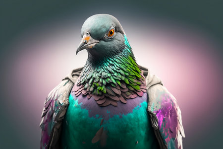 Portrait of a beautiful pigeon on a gray background. Close-up.の素材