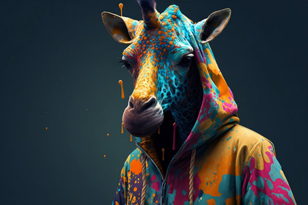 Fashion portrait of a giraffe in a raincoat on a dark backgroundの素材