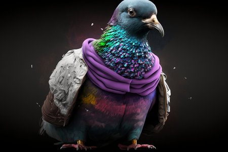 Pigeon in a scarf on a dark background. Mixed mediaの素材