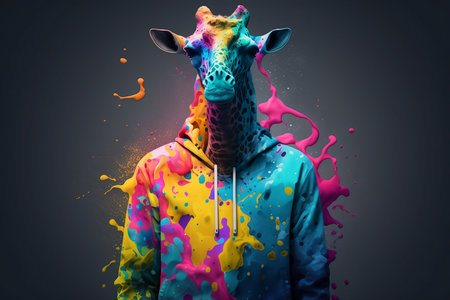 Colorful portrait of a giraffe in a raincoat with paint splashesの素材