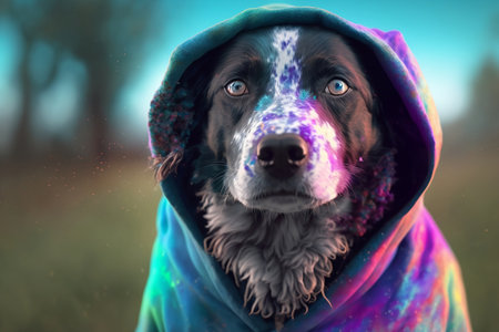 dog in a raincoat and hood on a background of green grassの素材