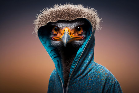 Portrait of a bald eagle in a hooded sweatshirt.の素材