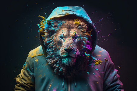 Lion in a raincoat with paint splashes on his faceの素材