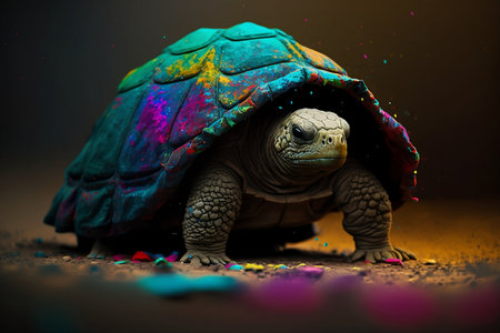 tortoise on dark background with colorful splashes and confettiの素材