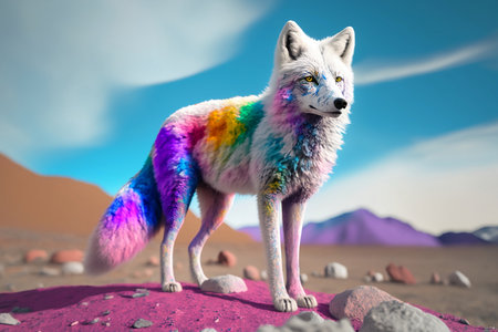 a fox with multicolored fur in the desertの素材