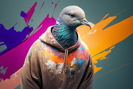 Pigeon in a hood on a colorful background.の素材