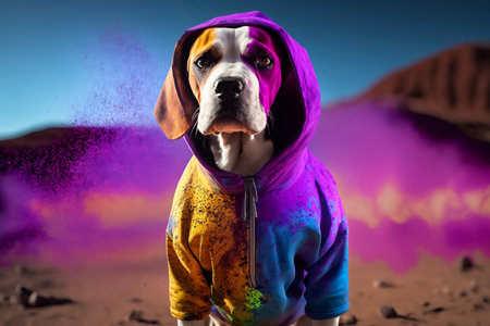 Dog in hoodie and paint splashes on a desert background.の素材