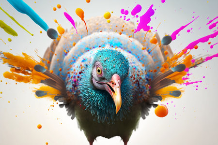 Bird with colorful paint splashes on white background.の素材