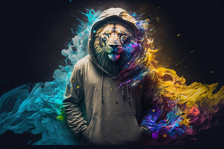 Portrait of a man in a hooded sweatshirt with a lion head in colorful smoke.の素材