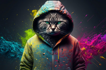 Cat in hoodie and colorful paint splashes on dark background.の素材