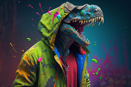 Funny monster in the raincoat with splashes on a dark backgroundの素材