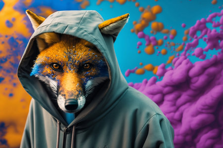 A fox in a hoodie against a background of colored spots.の素材