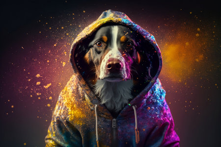 Portrait of a dog in a hood on a dark background.の素材