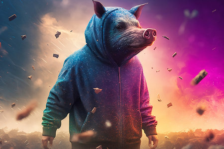 A man in a blue hoodie with a piggy on his head.の素材