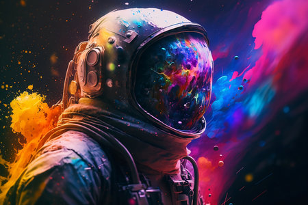 Astronaut in spacesuit and colorful paint splashes on his faceの素材