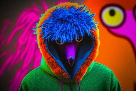 Portrait of a man in a green hoodie and a blue hat.の素材