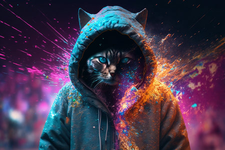 Portrait of a cat in a hood against the background of the night city.の素材