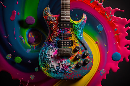 Guitar and colourful splashes on a black background. 3d renderingの素材