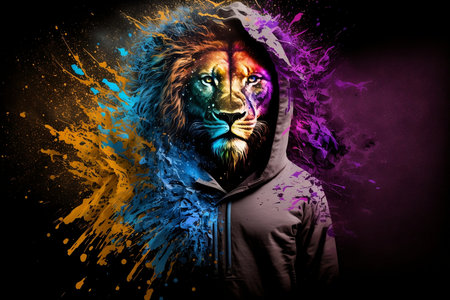 Portrait of a lion in a hood with colorful splashes.の素材
