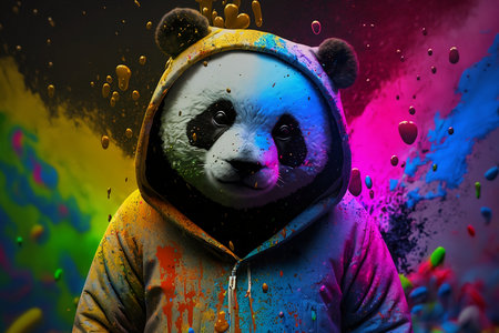 Funny panda with colorful splashes on a dark background.の素材