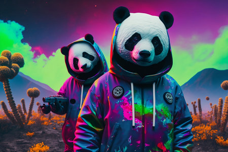 Panda and cosmonaut in the desert. 3d renderingの素材
