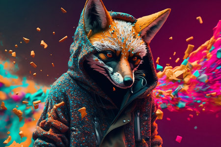 Portrait of a fox in a raincoat and a hood.の素材