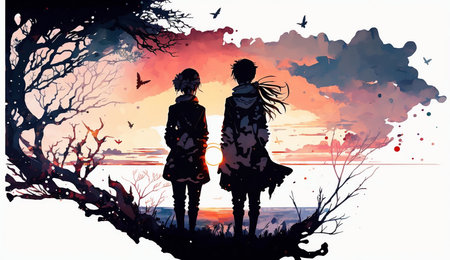 Silhouette of a girl and a boy on a background of the sunsetの素材