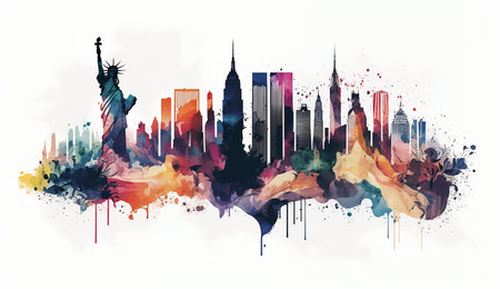 New York City skyline in watercolor splatters. Vector illustration.の素材