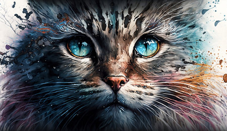 Cat portrait with blue eyes and splashes of paint. Digital painting.の素材