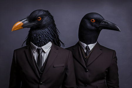 Two black ravens in business suits on a dark background. Business conceptの素材
