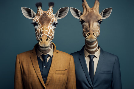 Portrait of two giraffes in a business suit and tieの素材
