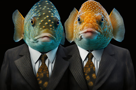 conceptual image of two fish in a business suit on a black backgroundの素材