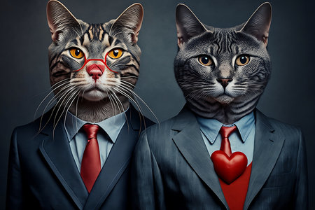 Funny cats in business suits with red heart on grey background.の素材