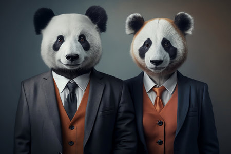 Portrait of two panda bears in a business suit and tie.の素材