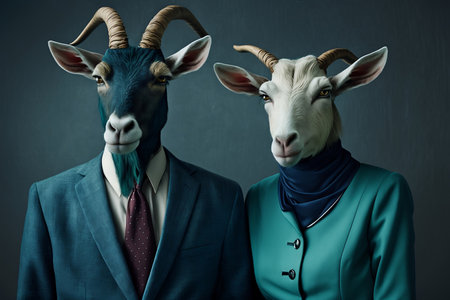 Funny goat and man in a business suit on a dark backgroundの素材