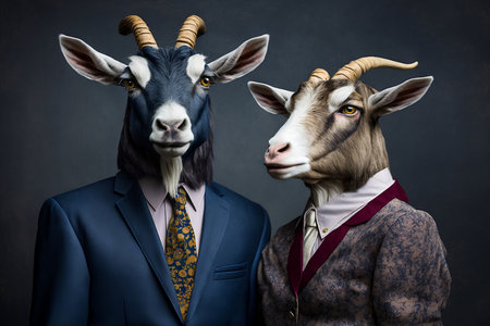 Funny goat and man in a suit with horns on a dark backgroundの素材